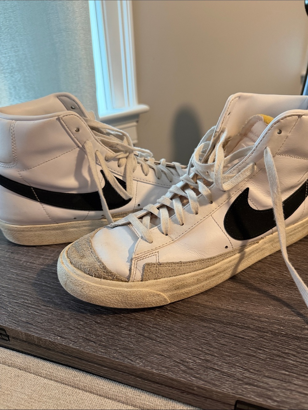 Nike Blazers White High-Top Sneakers with Black Swoosh - small flaw shown in pic